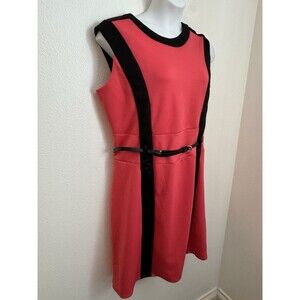Ashley Stewart Dress Womens Size 16 Sheath Belted Stretch Coral Black New Office